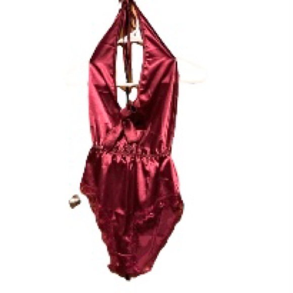 AVID LOVE Silky Satin Lace Halter Teddy Bodysuit One Piece Burgundy Womens Small - Picture 10 of 16
